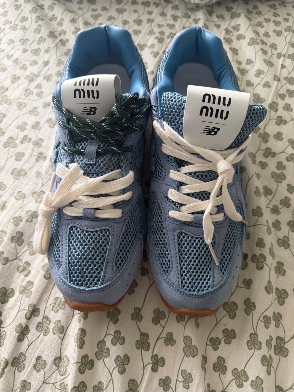 Miu Miu Light Blue Kids Mesh & Suede Sneakers with White Laces
